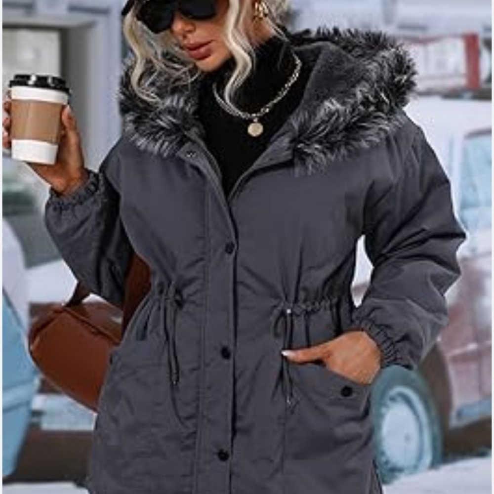New Steve Madden Fur-Lined Nylon Parka Puffer Hoodie Jacket In Slate